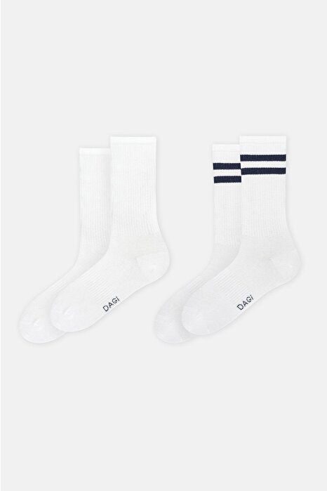 Beyaz Erkek Çizgi Desenli Spor Çorap 2'Li