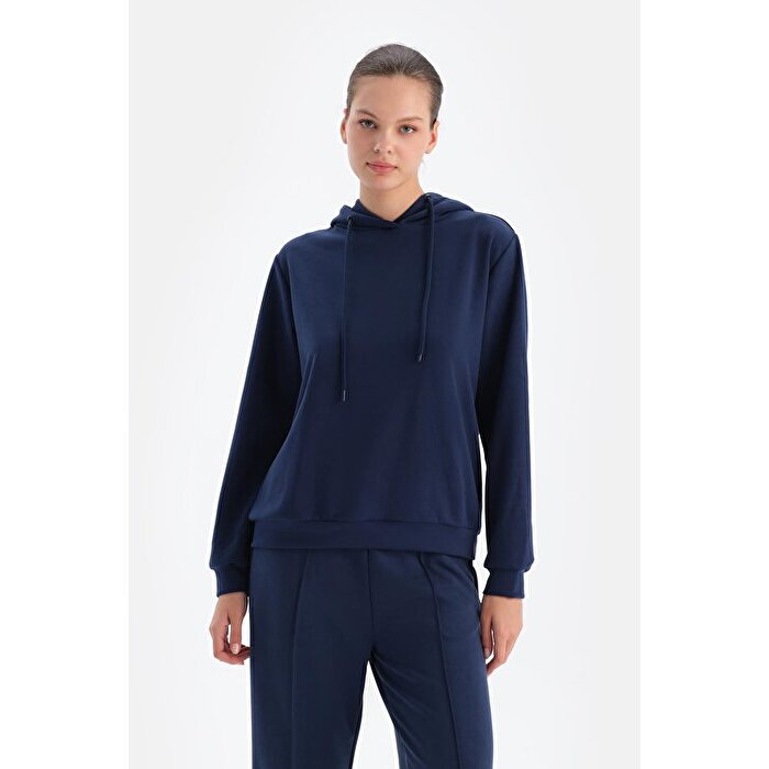 Lacivert Uzun Kollu Kapüşonlu Basıc Modal Sweatshırt24AW11314BB_337 | DAGI