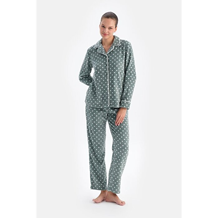 Açık Gri Puantiyeli Polar Gömlek Pantolon Pijama Takımı24AW17692BB_323 | DAGI