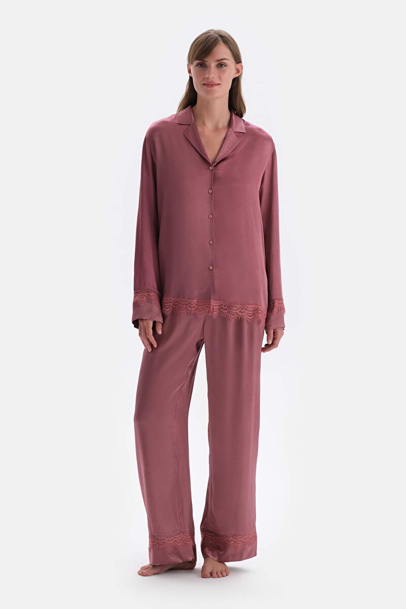 Gül Kurusu Dantel Detaylı Dokuma Pantolon Pijama Altı
