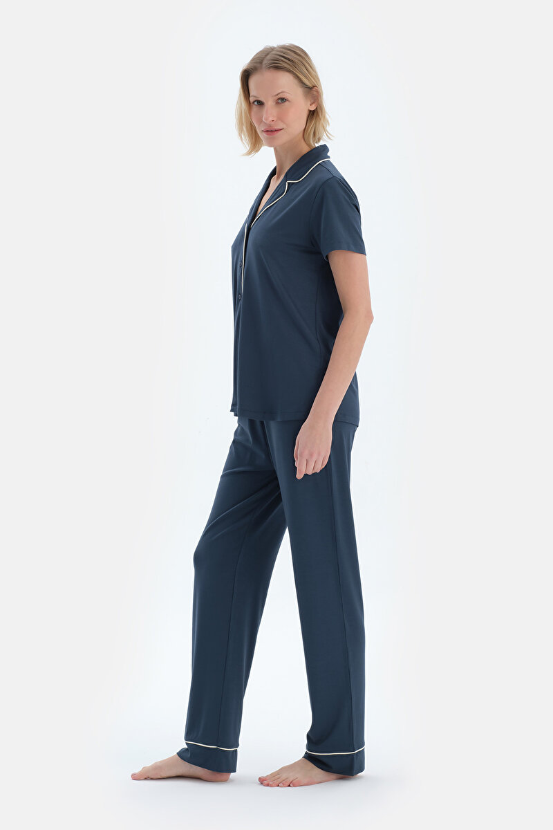 Lacivert Kısa Kollu Basıc Gömlek Pantolon Pijama Takımı 25SW17763BB_337 | DAGI