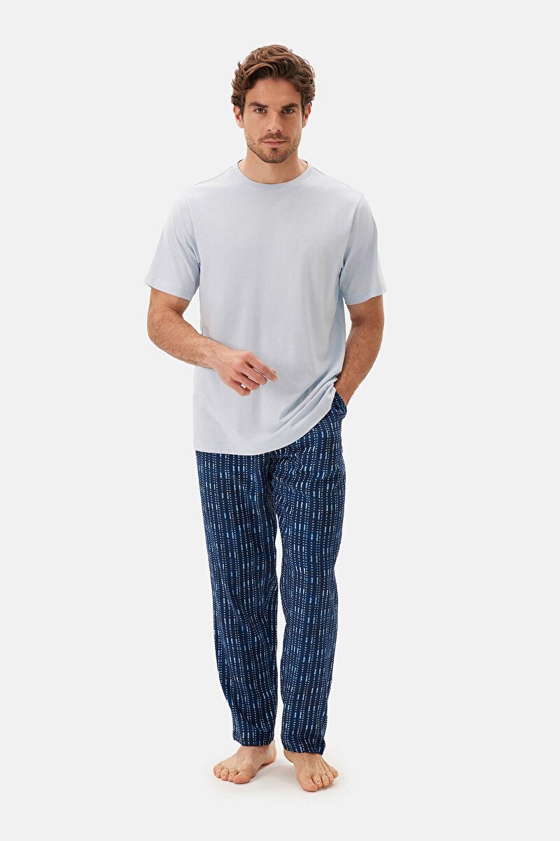 Mavi Bis Yaka Kısa Kollu Pijama Takımı