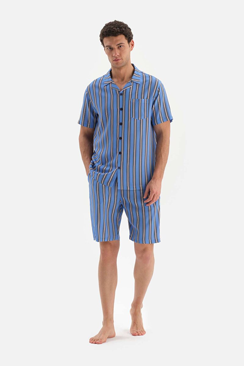 Mavi Gömlek Yaka Çizgili Şortlu Dokuma Pijama Takımı