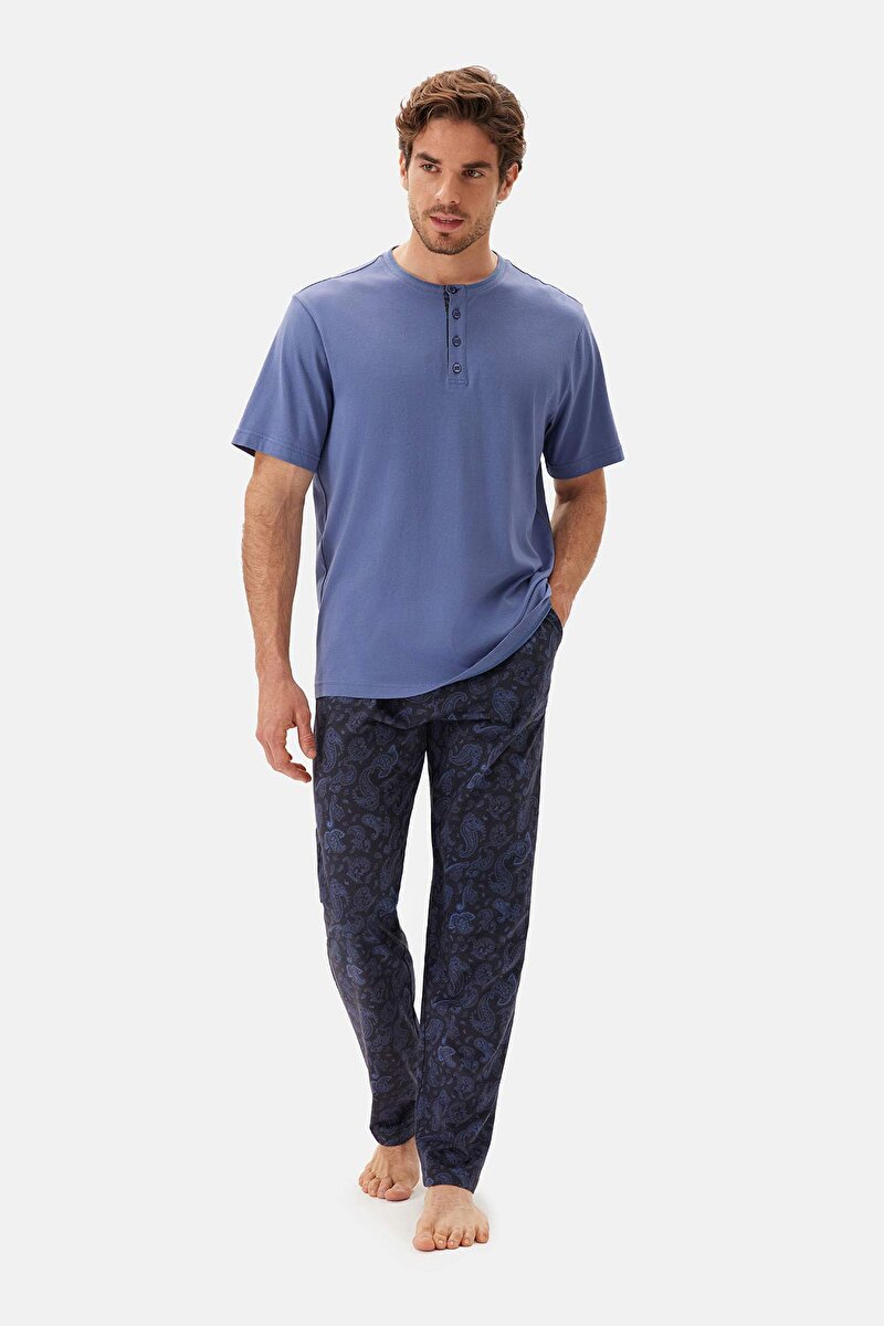 İndigo Yarım Patlı Tişört Pantolon Pijama Takımı