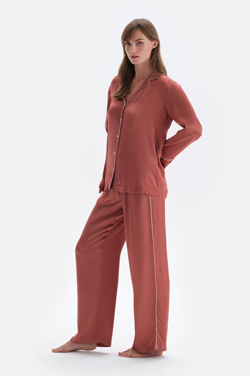 Kiremit Biye Detaylı Saten Pantolon Pijama Altı 23AW49052BB_336 | DAGI