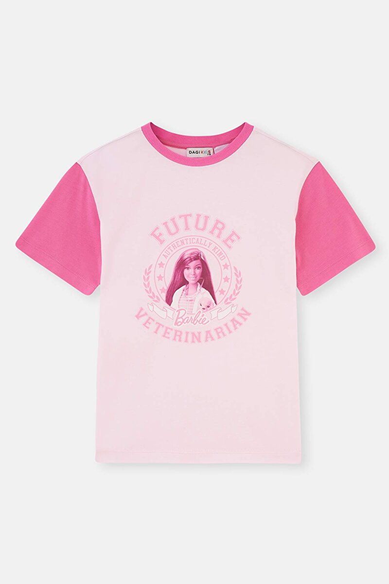 Pembe Barbie Lisans Baskılı Kısa Kollu Bisiklet Yaka T-Shirt 23WG75030TA_356 | DAGI