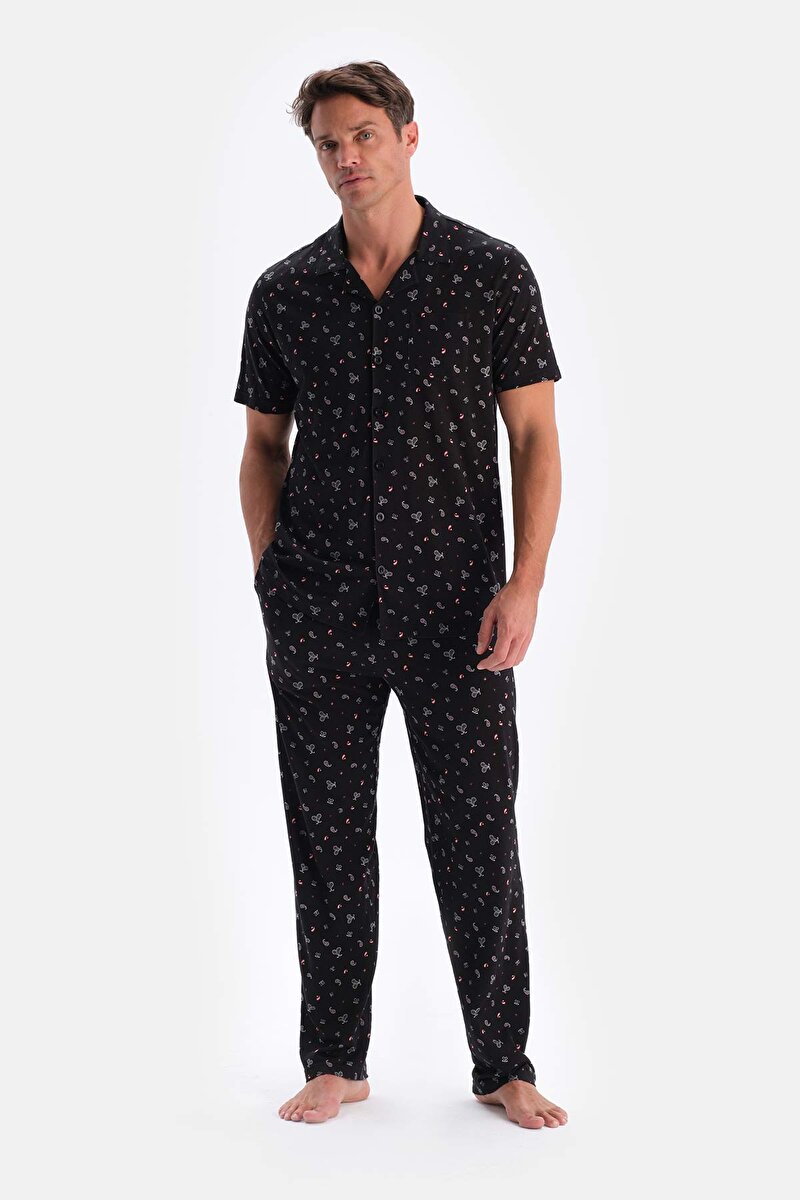 Siyah Metraj Baskılı Pamuk Modal Gömlek Pantolon Pijama Takımı