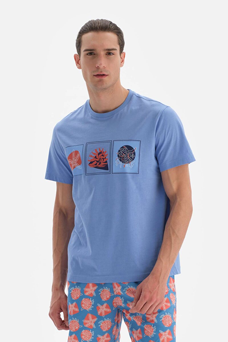 Mavi Baskılı Bisiklet Yaka Pamuklu T-Shirt