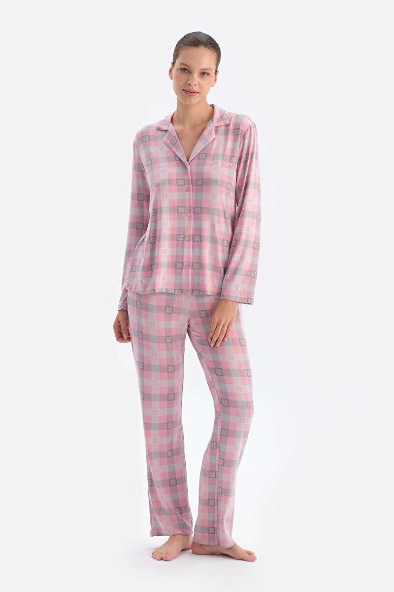 Soft Pembe Ekoseli Termal Gömlek Pantolon Pijama Takımı 24AW17708BB_392 | DAGI