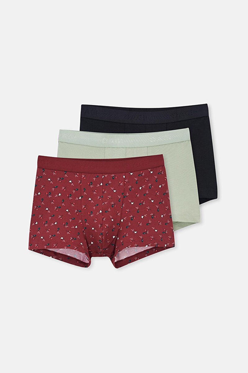 Bordo-Siyah 3'Lü Desenli Pamuk Boxer 24AW28324MA_615 | DAGI