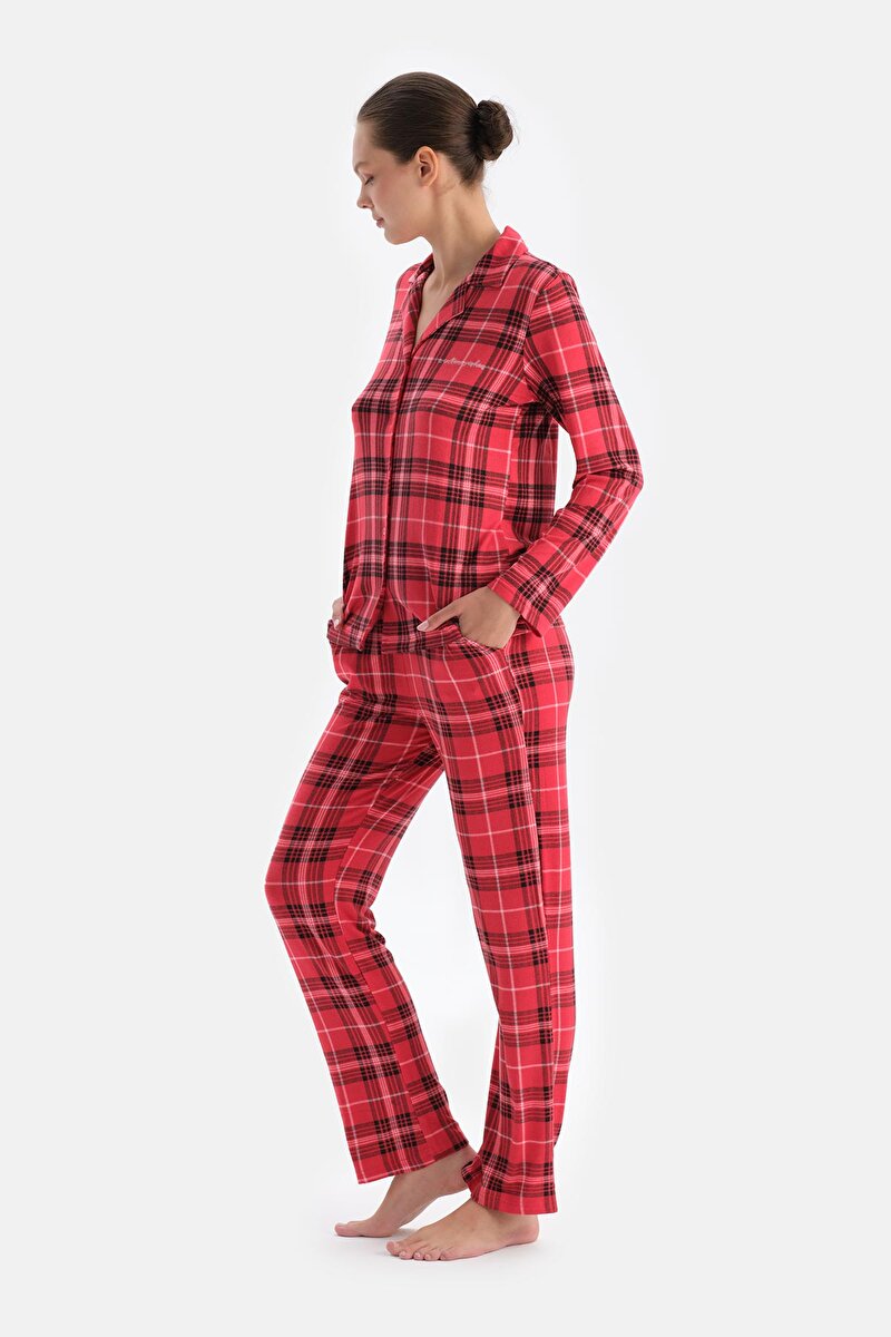 Kırmızı Ekoseli Termal Gömlek Pantolon Pijama Takımı 24AW17706BB_333 | DAGI