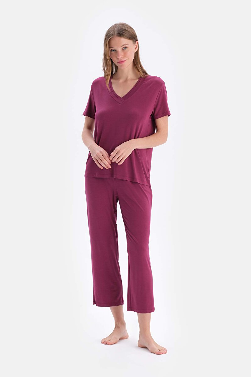 Bordo Kısa Kollu V Yaka Basıc Viskon Tişört Pantolon Pijama Takımı 24SW17620BB_310 | DAGI