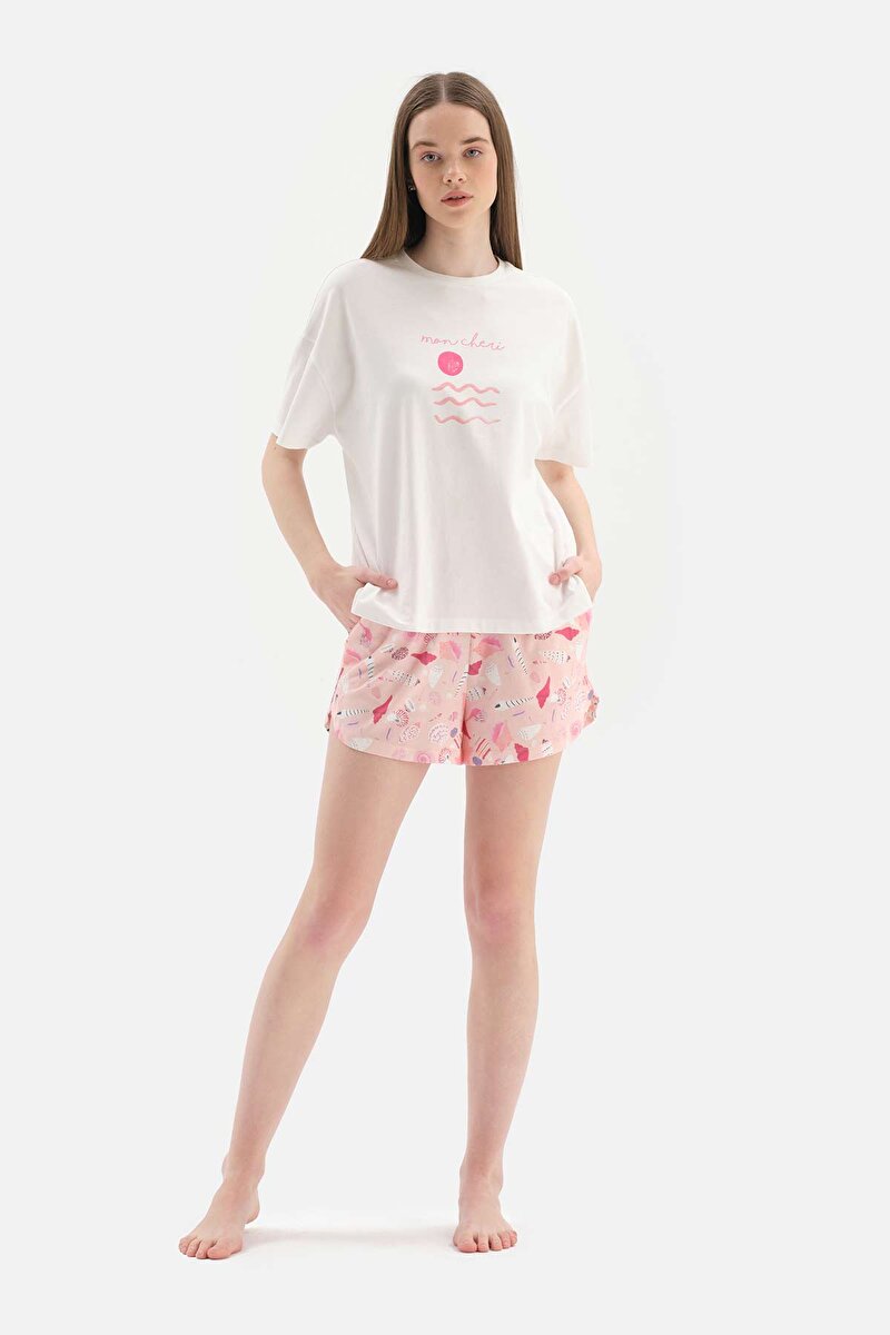 Kırık Beyaz Metraj Baskılı Şortlu Pijama Takımı
