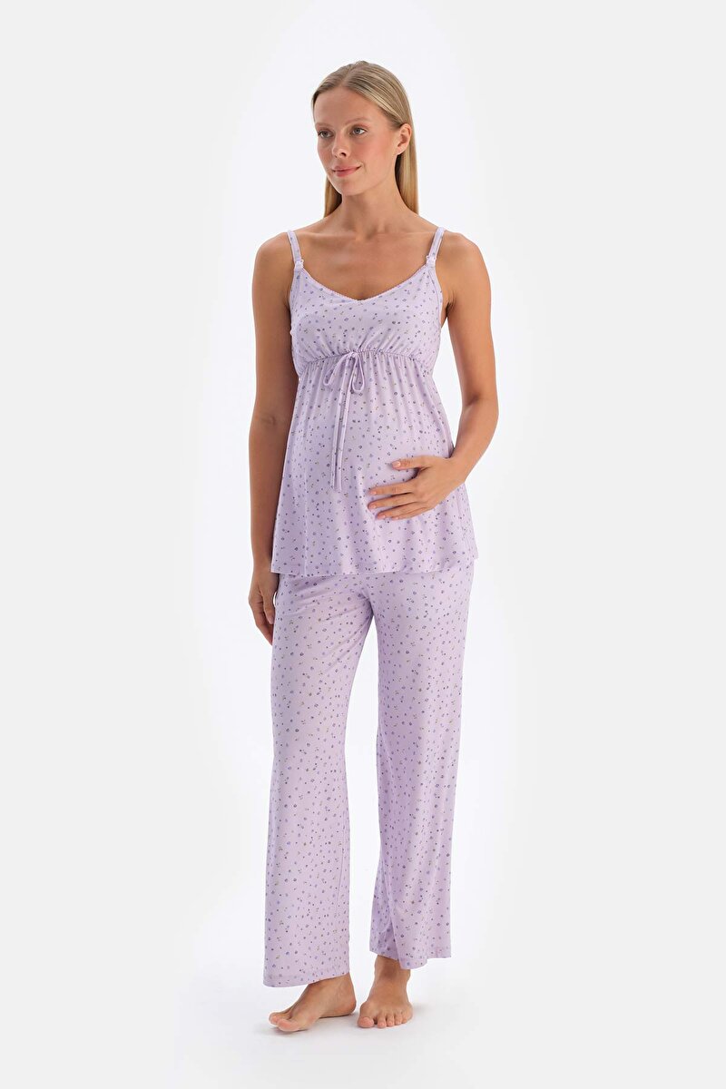 Lila Metraj Çiçek Baskılı Penye Modal Hamile Pijama Takımı 24SW17627EB_353 | DAGI