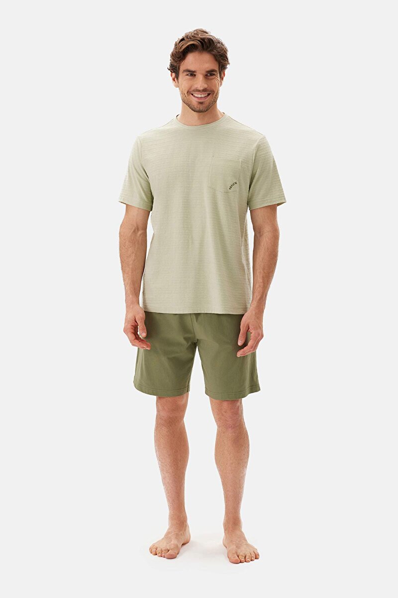 Açık Yeşil Bis Yaka Tişört Şort Pijama Takımı
