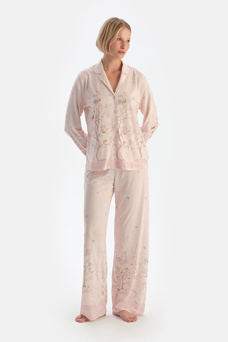 Açık Pembe Çiçek Desenli Penye Modal Pijama Takımı 24AW17715BB_357 | DAGI