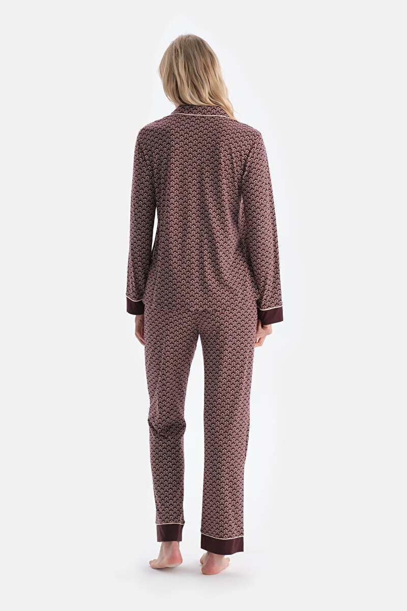 Bordo Geometrik Desenli Penye Modal Gömlek Yaka Pijama Takımı 24AW17733BB_310 | DAGI