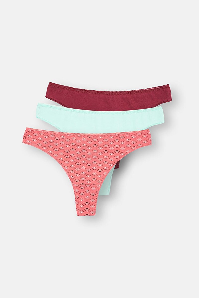 Mürdüm-Pembe-Turkuaz Kadın 3'Lü Desenli Thong Külot 24AW27559MA_720 | DAGI