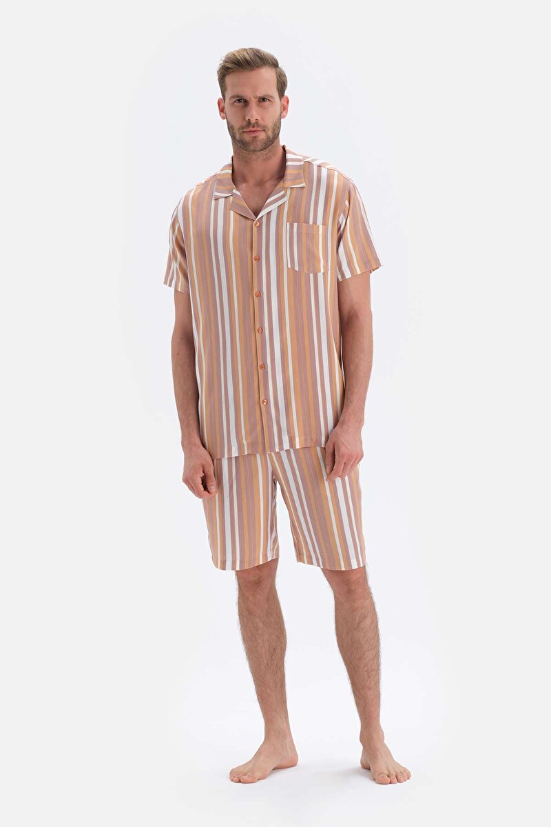 Kahverengi Çizgili Gömlek Yaka Şort Dokuma Pijama Takımı