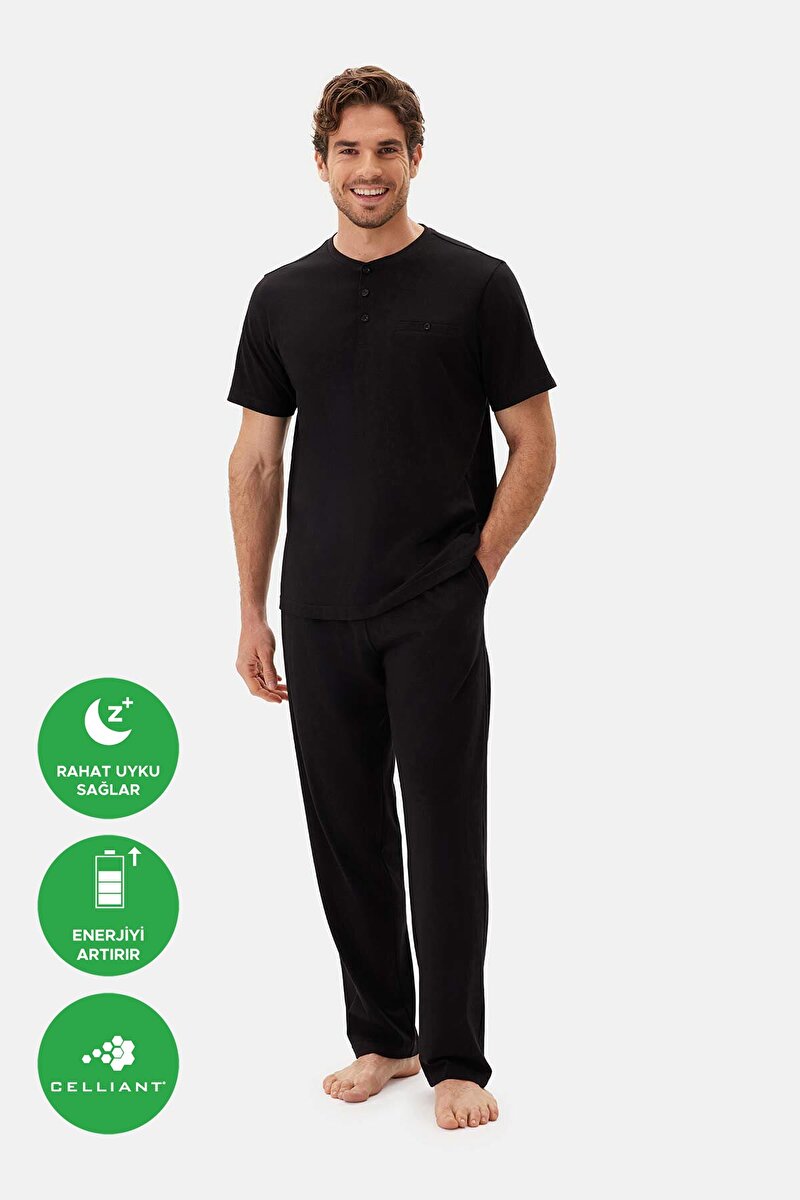 Siyah Yarım Patlı Kısa Kolllu Cellıant Pijama Takımı