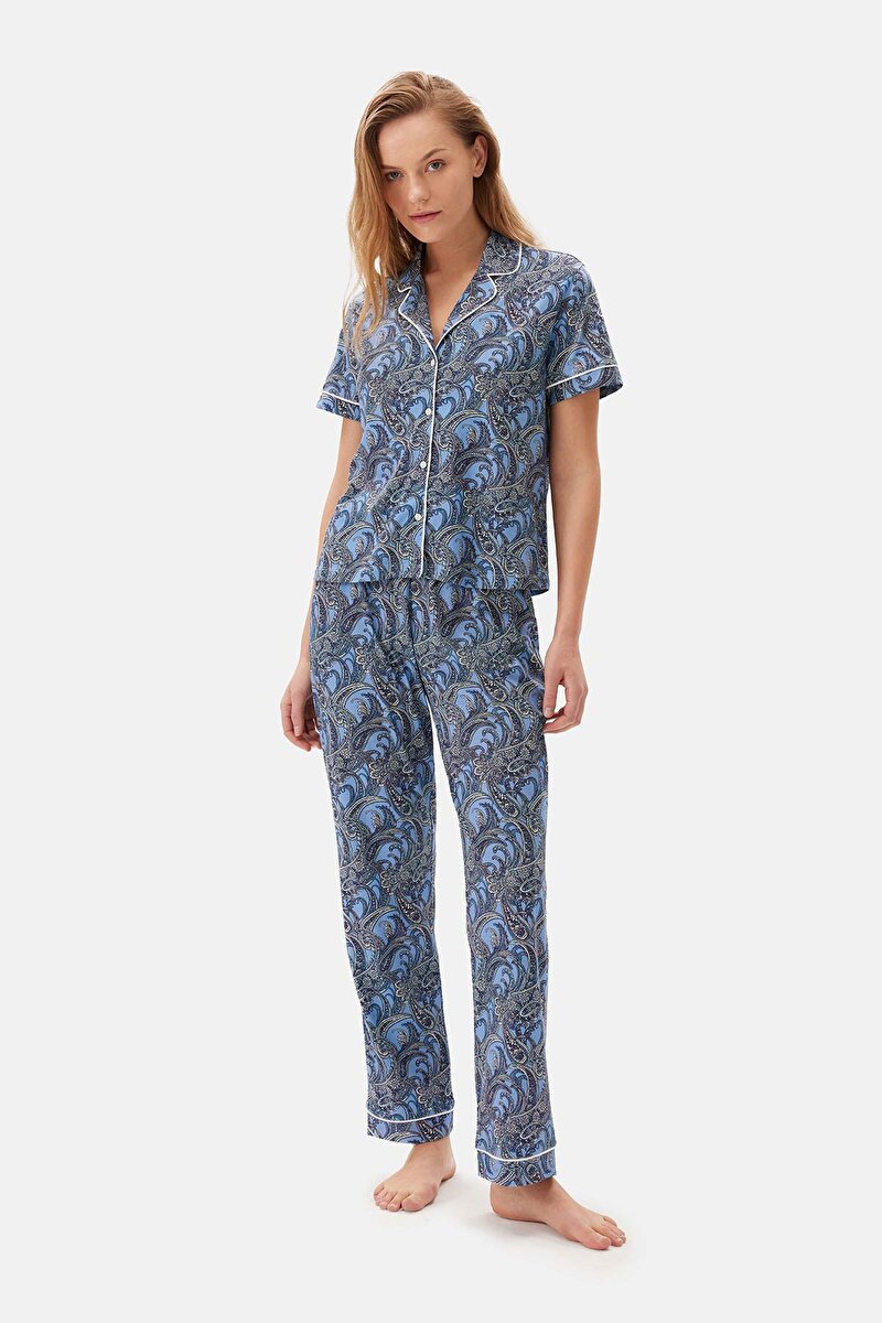 Mavi Şal Desenli Gömlek Pantolon Pijama Takımı