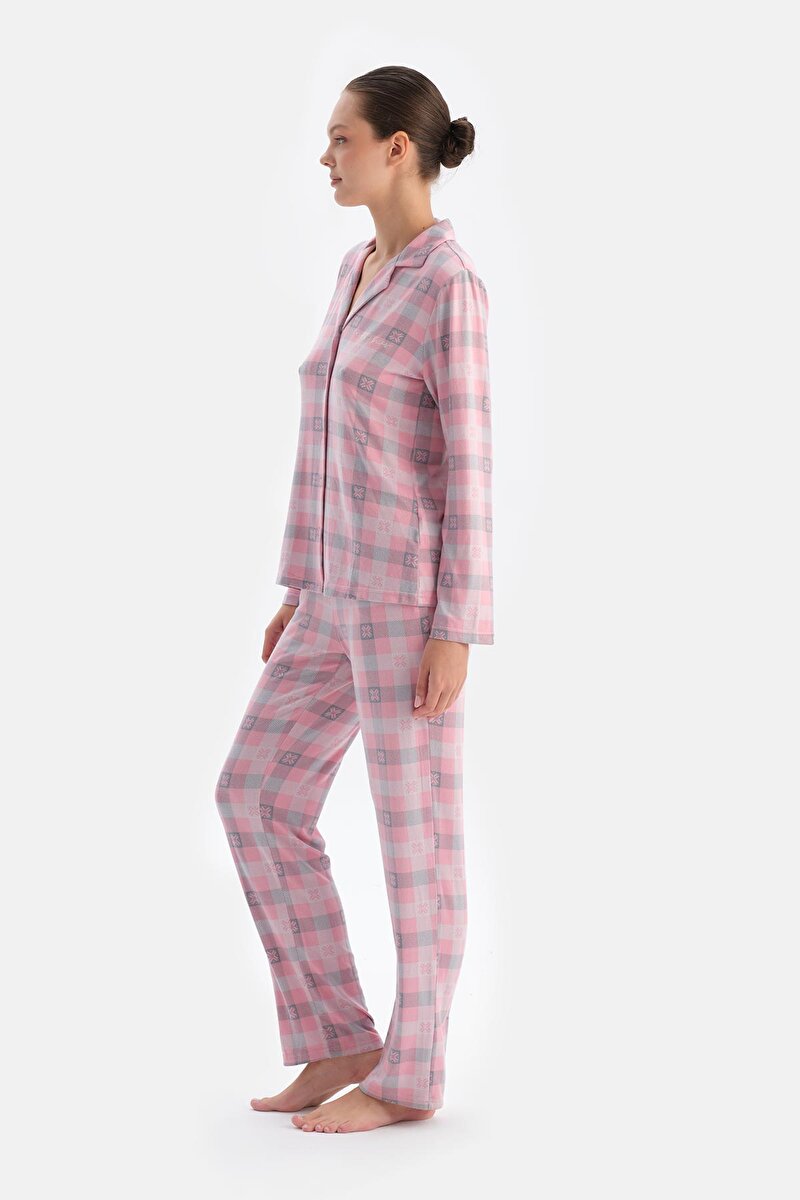 Soft Pembe Ekoseli Termal Gömlek Pantolon Pijama Takımı 24AW17708BB_392 | DAGI