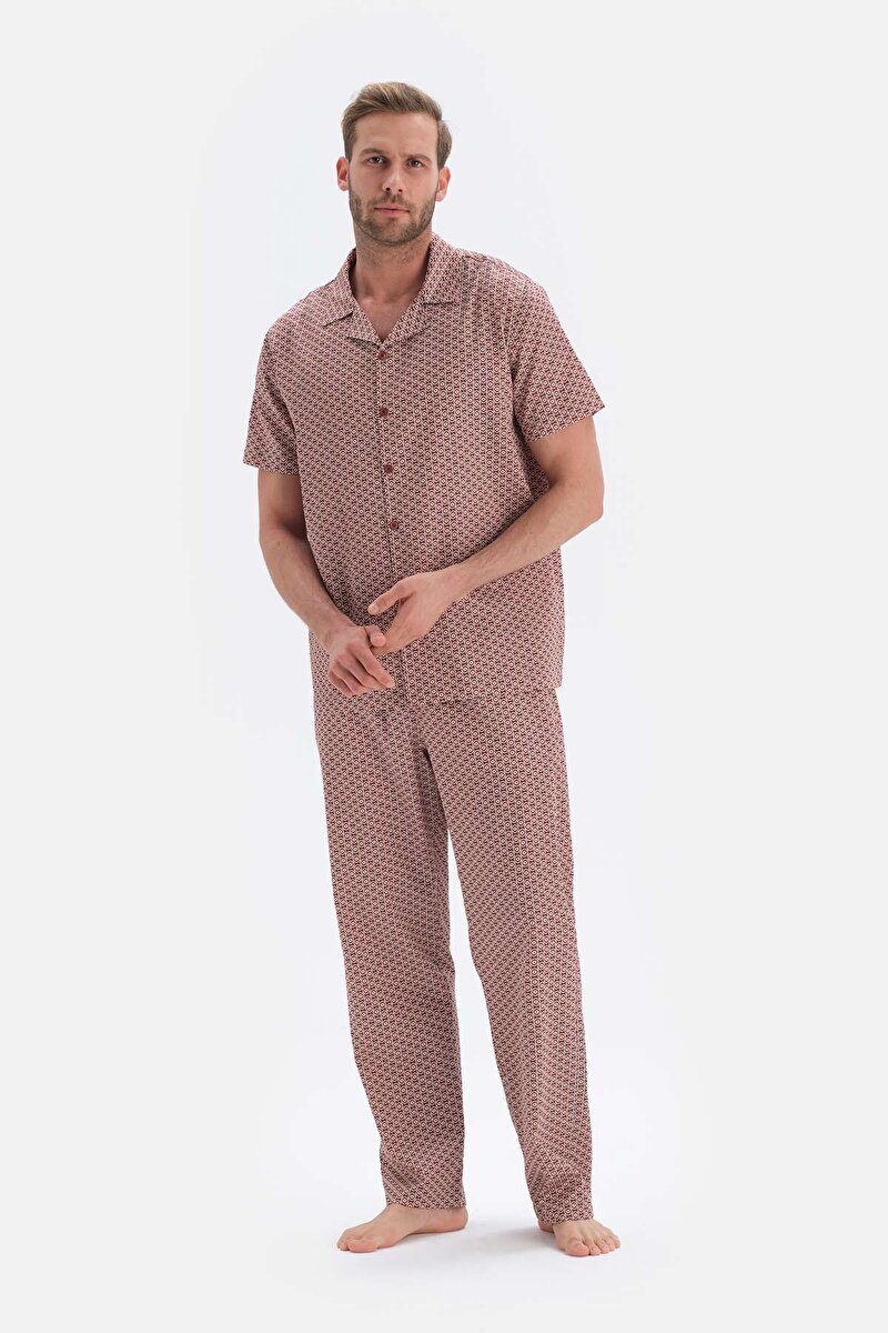 Karışık Metraj Desenli Gömlek Yaka Dokuma Pijama Takımı