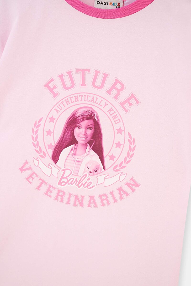 Pembe Barbie Lisans Baskılı Kısa Kollu Bisiklet Yaka T-Shirt 23WG75030TA_356 | DAGI